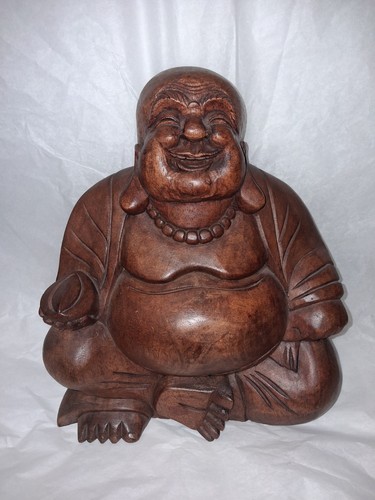 Statue bouddha rieur bois - statue,